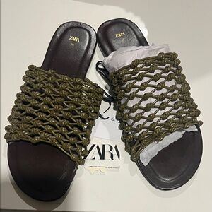 Zara Khaki Woven Slide Sandals